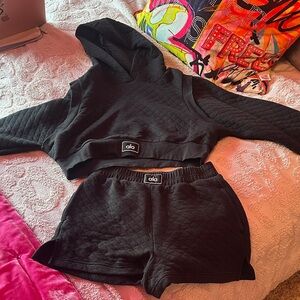 ALO Yoga Black Quilted Hoodie and Shorts Set